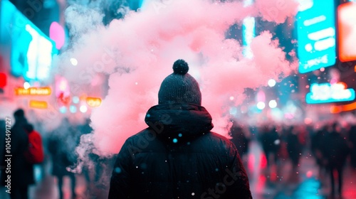 A figure in a warm hat stands amid colorful city lights and swirling smoke, capturing the vibrant hustle of urban nightlife.