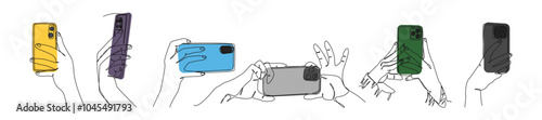 Set collection of different poses of hands holding smartphones in continuous one line drawing style. Editable line and colored. Vector illustration.