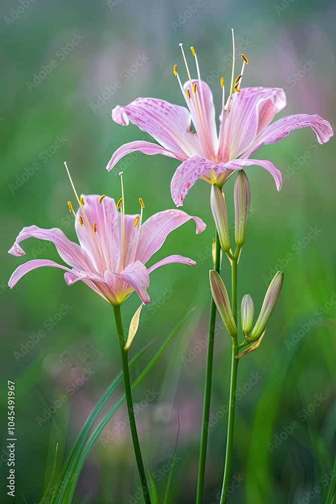 Fototapeta premium Two pink lilies in bloom against a green background, with buds forming on the stem.