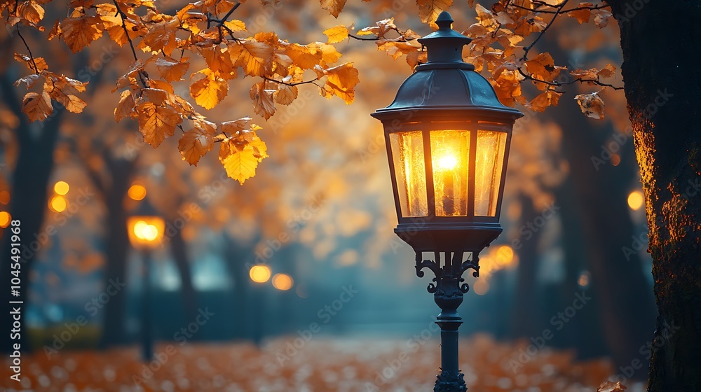 A close-up of a lit street lamp in an autumn park, with golden leaves and a misty background. A close-up of a lit street lamp in an autumn park, with golden leaves and a misty background.