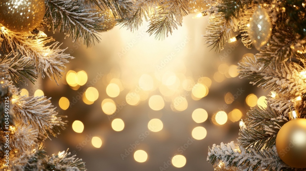 Festive Christmas tree adorned with golden balls and twinkling lights Festive Christmas tree adorned with golden balls and twinkling lights