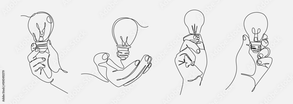 Set continuous one line drawing of hand holding light bulb, idea lamp. Editable line. Vector illustration. Set continuous one line drawing of hand holding light bulb, idea lamp. Editable line. Vector illustration.