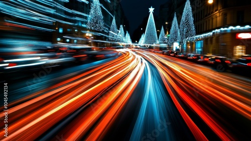 Cars speeding down busy street photo