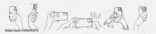 Set collection of different poses of hands holding smartphone in continuous one line drawing style. Editable line. Vector illustration.