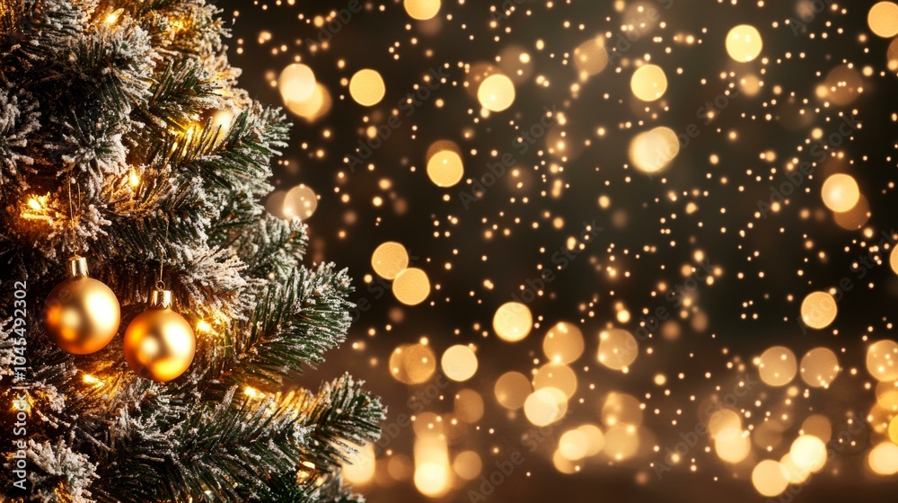 Festive Christmas tree with glowing lights and snow Festive Christmas tree with glowing lights and snow