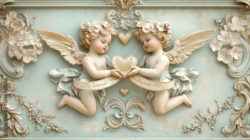 Baroque-inspired Valentine’s card featuring two cherubs holding a ribbon with hearts, soft pastel tones with gold accents, large cherub figures as the main focus, romantic and elegant design Baroque-inspired Valentine’s card featuring two cherubs holding a ribbon with hearts, soft pastel tones with gold accents, large cherub figures as the main focus, romantic and elegant design