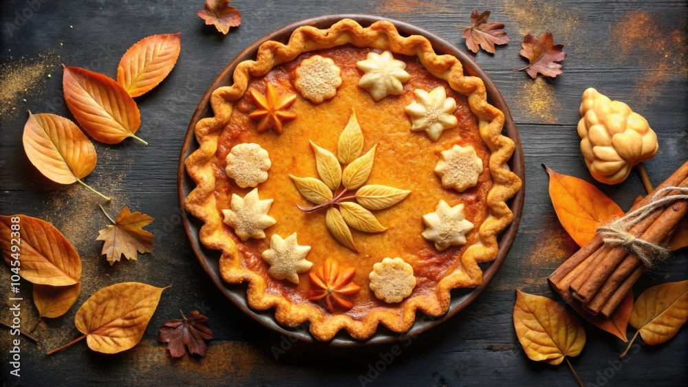 A warm pumpkin pie adorned with fall leaves and dusted with cinnamon, a perfect symbol of the season. A warm pumpkin pie adorned with fall leaves and dusted with cinnamon, a perfect symbol of the season.