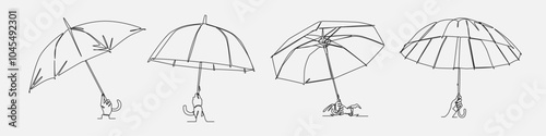 Collection of continuous one line drawing of hands holding umbrella. Editable line. Vector illustration.