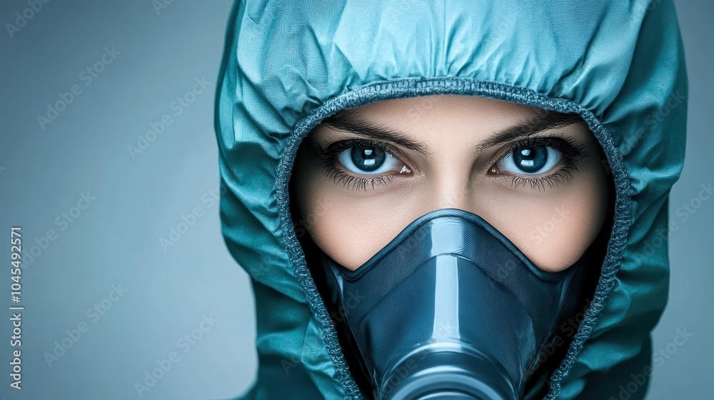 Woman with protective mask, focused expression on a blue background.