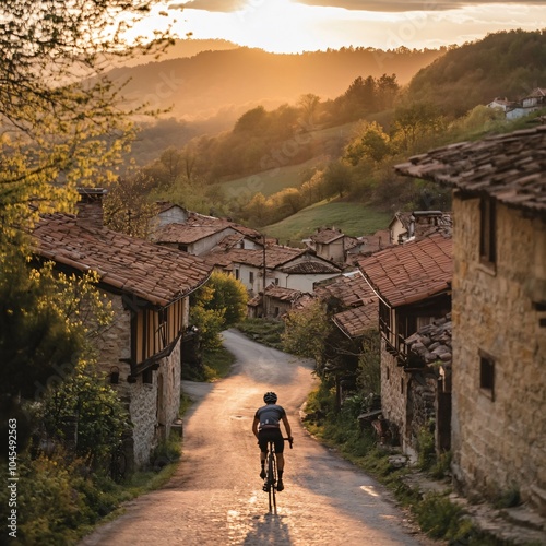 Cyclist riding through scenic village at sunset