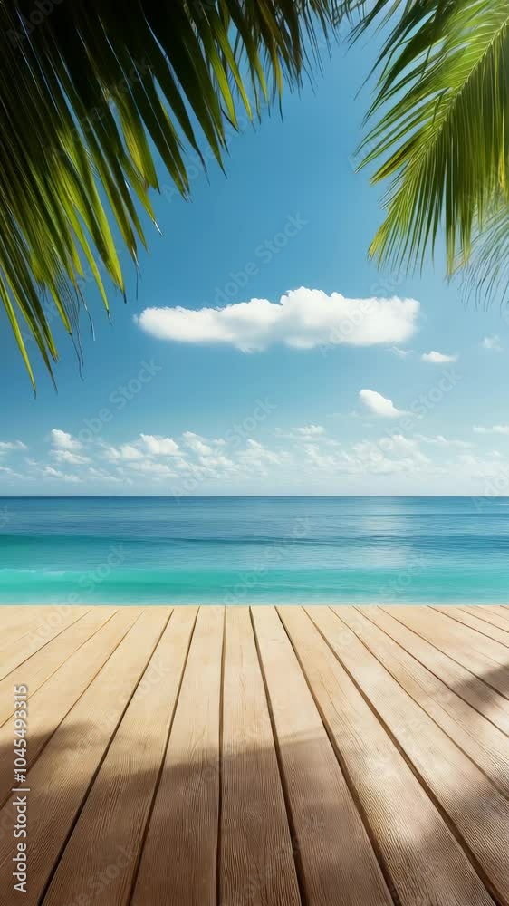 Serene tropical beach with wooden deck, clear blue ocean waters, and lush palm leaves under vibrant sky, inviting relaxation and enjoyment of natures beauty. Serene tropical beach with wooden deck, clear blue ocean waters, and lush palm leaves under vibrant sky, inviting relaxation and enjoyment of natures beauty.