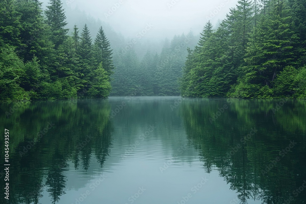 Tranquil Forest Lake with Misty Reflections Tranquil Forest Lake with Misty Reflections