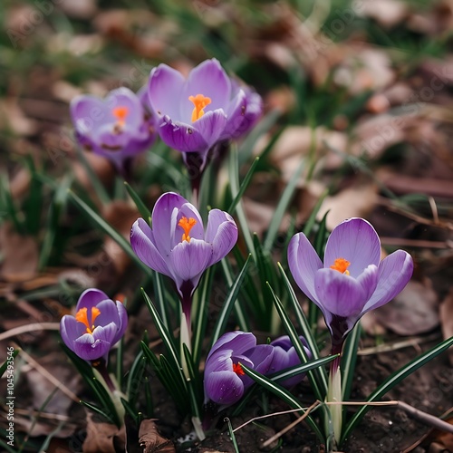 purple crocus flowers in the garden in early spring. soft focus