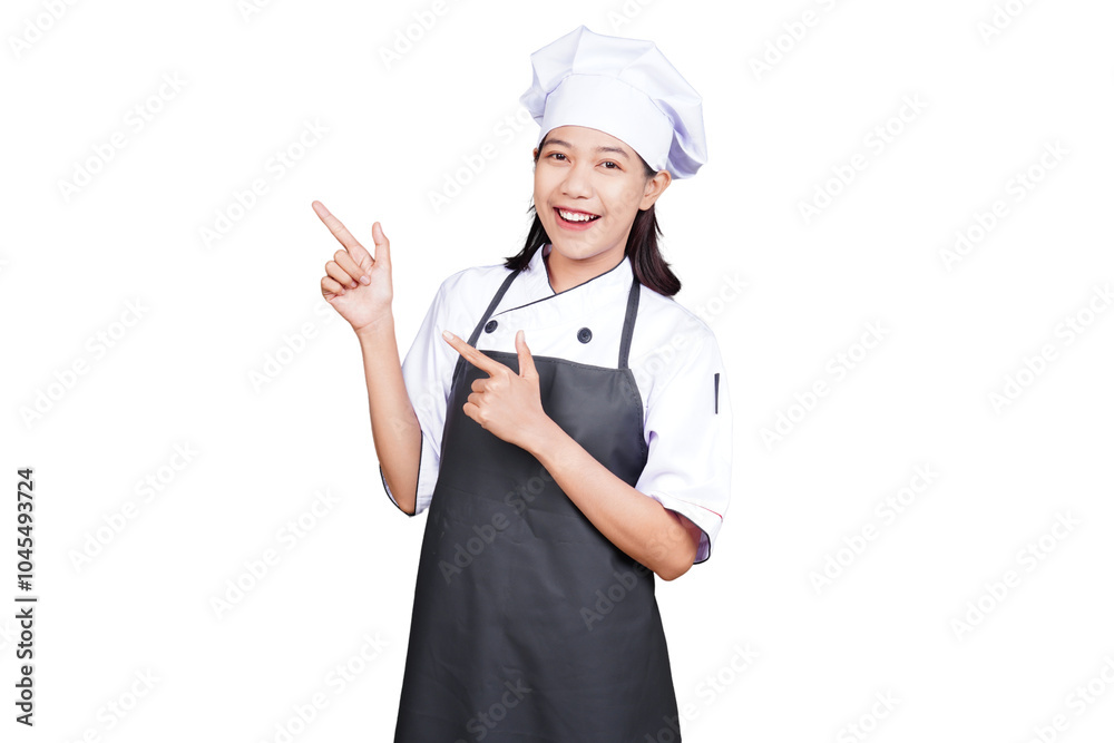 Asian woman chef in uniform pointing isolated transparent Asian woman chef in uniform pointing isolated transparent