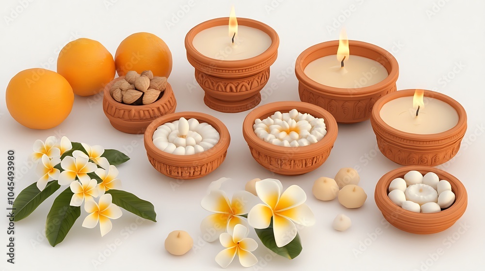 Festive Arrangement of Traditional Oil Lamps and Flowers Festive Arrangement of Traditional Oil Lamps and Flowers