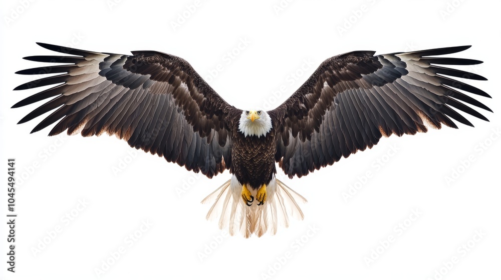 Obraz premium A bald eagle with wings spread wide, isolated on a white background.