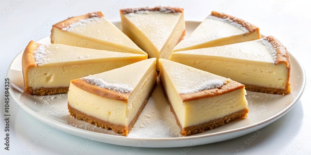 A perfectly sliced cheesecake, dusted with powdered sugar, sits on a white plate, ready to be devoured A perfectly sliced cheesecake, dusted with powdered sugar, sits on a white plate, ready to be devoured