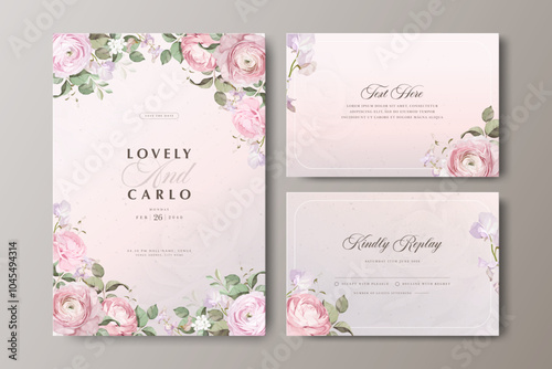 Beautiful Wedding invitation card set with creamy color rose flower background