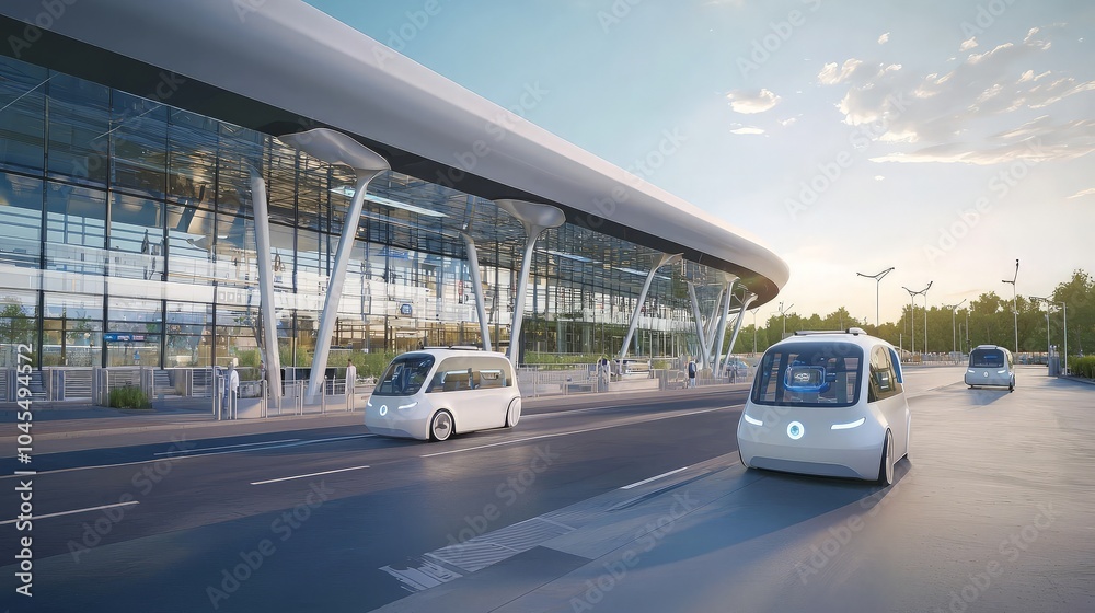 Autonomous vehicles driving past modern airport terminal.