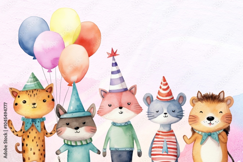 Naklejka premium Cute animal birthday party cartoon, watercolor illustration