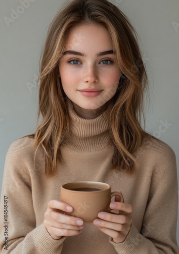 young attractive woman with a light brown turtleneck sweater holds a cup of tea in her hands and looks slightly smiling into the camera, cold season