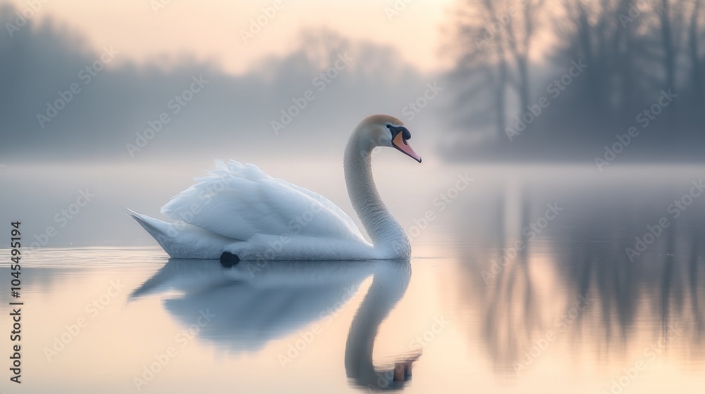 A serene swan glides gracefully on a misty lake at dawn, reflecting tranquility. A serene swan glides gracefully on a misty lake at dawn, reflecting tranquility.