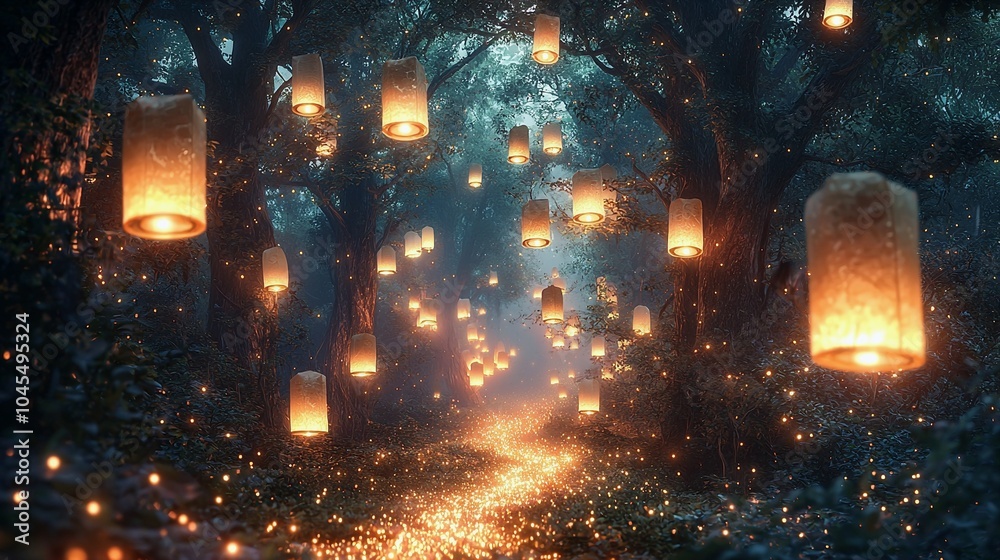 Enchanted Forest with Floating Lanterns Lighting a Magical Path