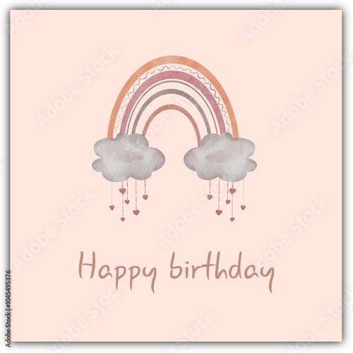 Happy Birthday Card with Rainbow Hearts: Whimsical Handdrawn Watercolor, Festive & Cheerful Art photo