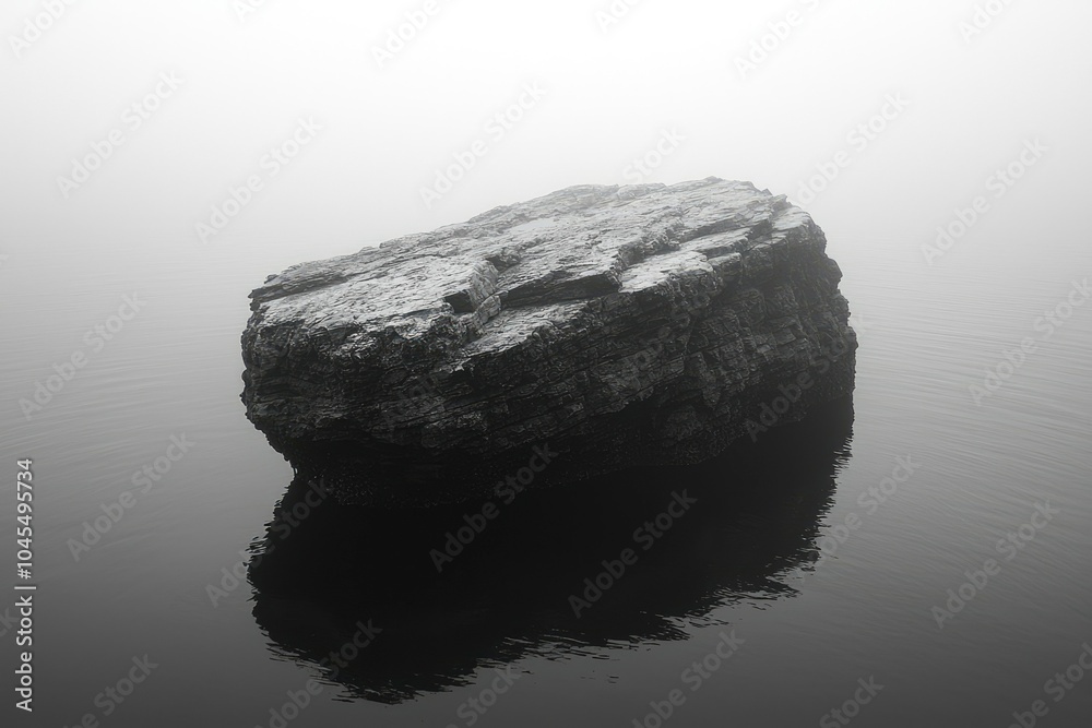 Naklejka premium A Single Rock Emerges From a Foggy Lake