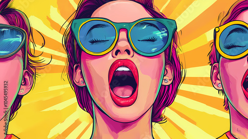 Bright comic book-style exclamations. Pop Art Portrait. Illustration photo
