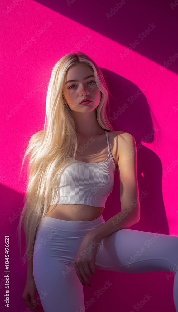 Blonde girl in white top and white leggings against pink studio wall background Blonde girl in white top and white leggings against pink studio wall background