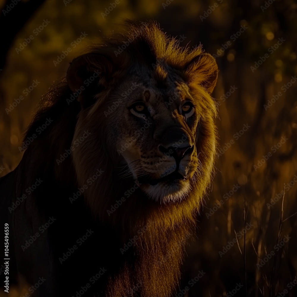 Naklejka premium Majestic lion resting near a tranquil waterfall