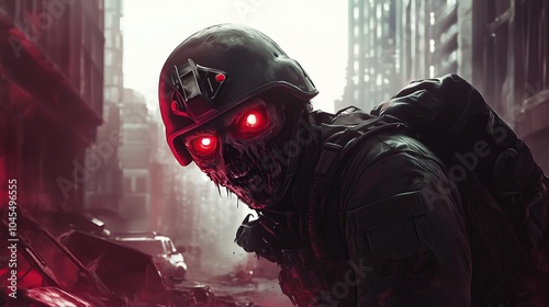 A zombie soldier with a helmet and glowing red eyes photo