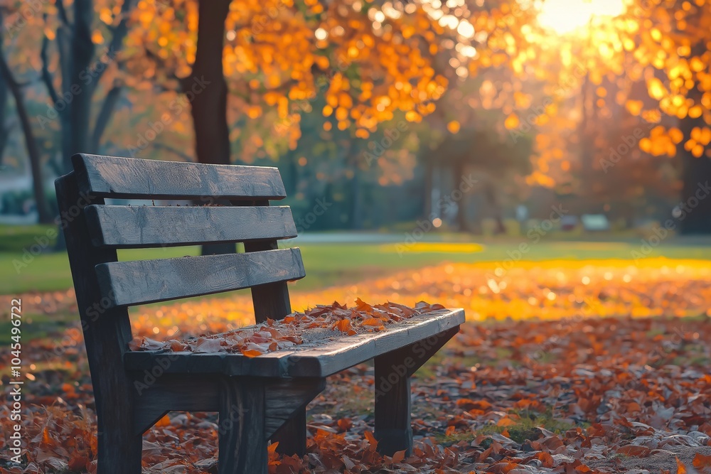 A wooden bench in a park covered with fallen autumn leaves, glowing warmly under the setting sun's light. A wooden bench in a park covered with fallen autumn leaves, glowing warmly under the setting sun's light.