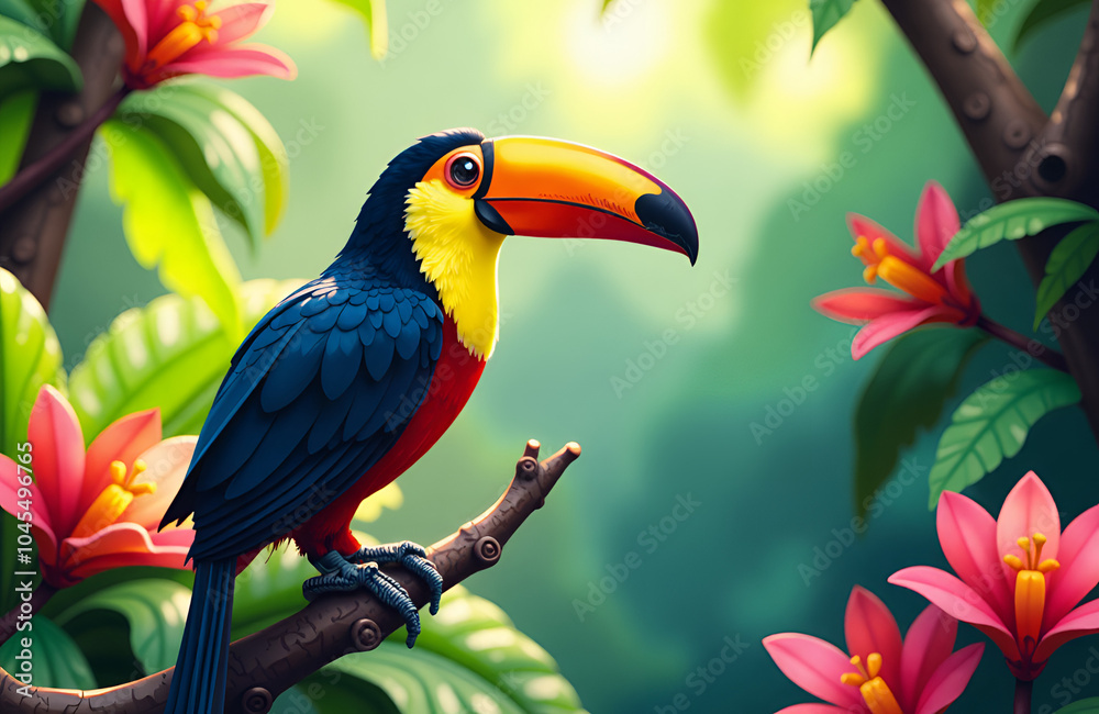 Fototapeta premium Majestic Toucan Perched Elegantly Among Tropical Flowers