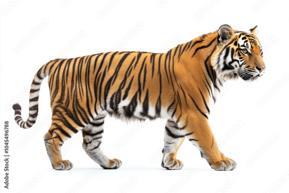 A Bengal tiger walks with its head turned towards the right. Its stripes are prominent and clearly visible against the white background. A Bengal tiger walks with its head turned towards the right. Its stripes are prominent and clearly visible against the white background.