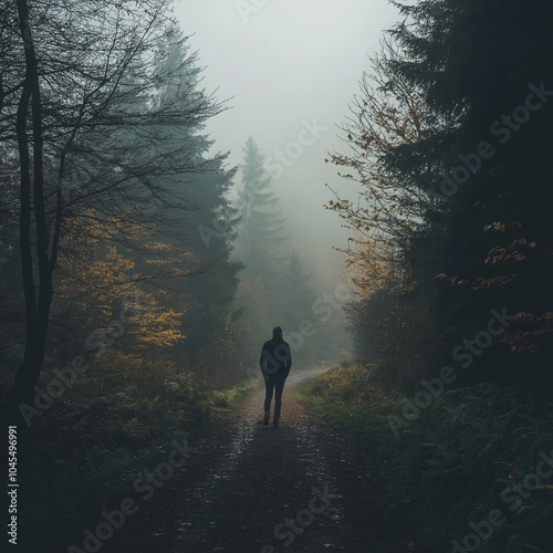 A lone person walks down a foggy forest path surrounded by trees in the morning light.