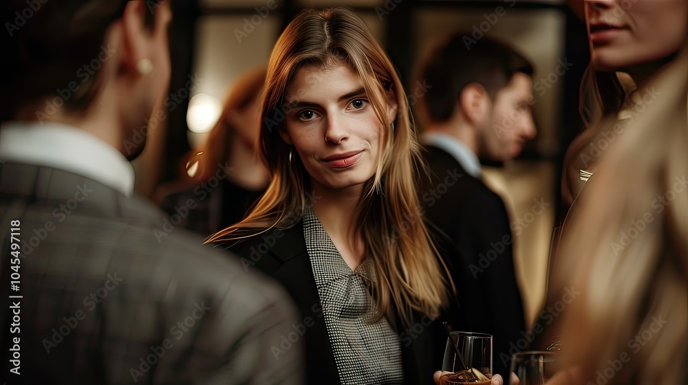 A woman in a fashionable business suit mingling with other professionals at a networking event, holding a drink. A woman in a fashionable business suit mingling with other professionals at a networking event, holding a drink.