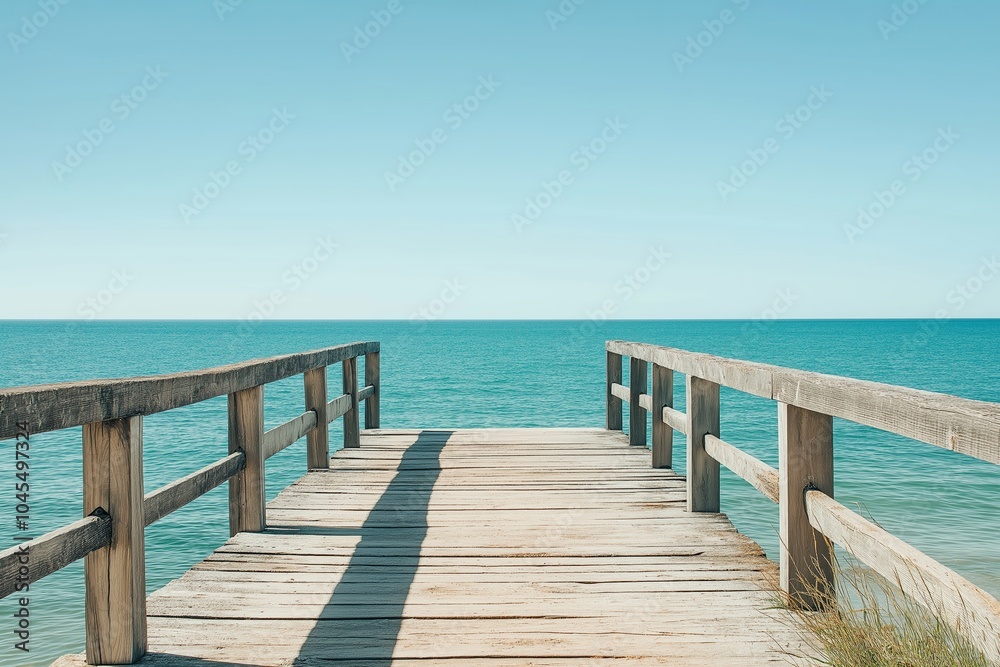 A peaceful wooden pier extends into a vast, serene ocean under a clear blue sky, evoking calm and tranquility. A peaceful wooden pier extends into a vast, serene ocean under a clear blue sky, evoking calm and tranquility.