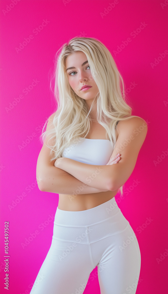 Blonde girl in white top and white leggings against pink studio wall background Blonde girl in white top and white leggings against pink studio wall background