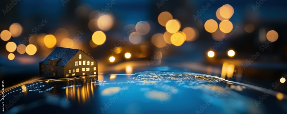 Miniature house on globe with bokeh lights at night, representing global living. Miniature house on globe with bokeh lights at night, representing global living.
