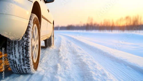 Close-Up of an SUV Tire and Wheel on Snow-Covered Roads photo