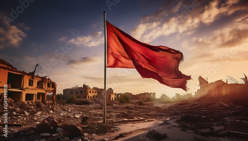 Old flag over ruined city