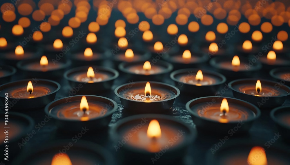 A close-up view of countless candles with soft flickering flames create a serene and warm atmosphere, perfect for relaxation. A close-up view of countless candles with soft flickering flames create a serene and warm atmosphere, perfect for relaxation.