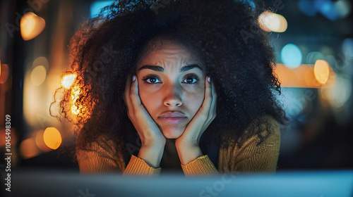 Woman Deep in Thought with Soft Evening Lights