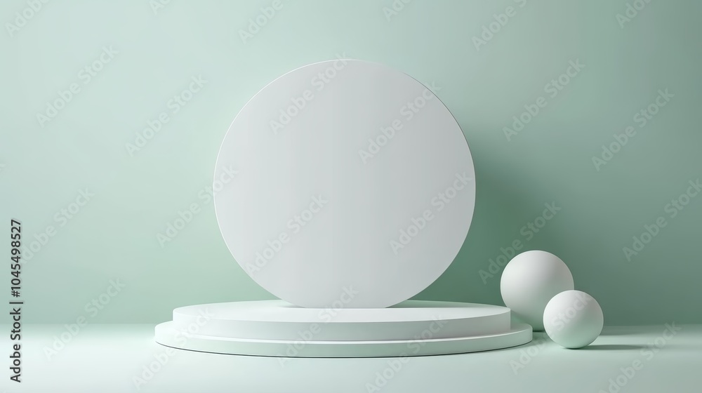 A minimalistic setup featuring a circular platform and two white spheres against a soft green background, ideal for product display or artistic presentation. A minimalistic setup featuring a circular platform and two white spheres against a soft green background, ideal for product display or artistic presentation.