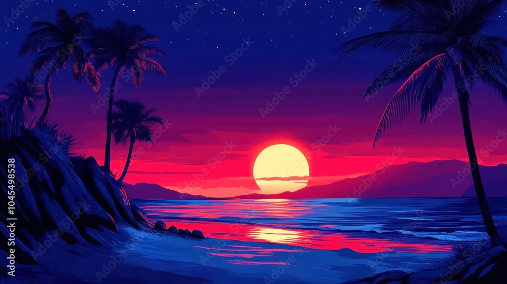 Vibrant sunset over ocean with palm trees, vivid colors and peaceful atmosphere, perfect for relaxation. Vibrant sunset over ocean with palm trees, vivid colors and peaceful atmosphere, perfect for relaxation.