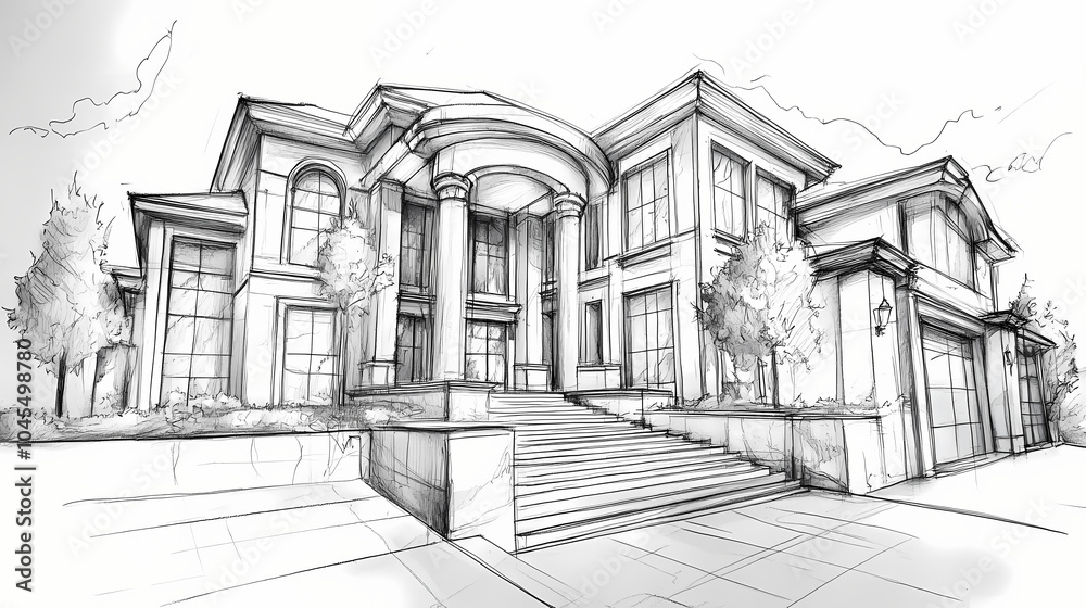 Architectural sketch with pencil and markers of a house facade. Pencil Sketch. Illustration Architectural sketch with pencil and markers of a house facade. Pencil Sketch. Illustration