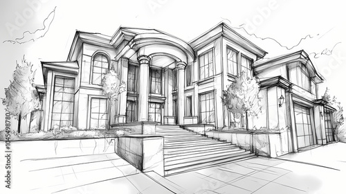 Architectural sketch with pencil and markers of a house facade. Pencil Sketch. Illustration