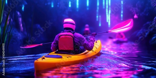 Person kayaking in vibrant river with neon lights at night, aquatic adventure.